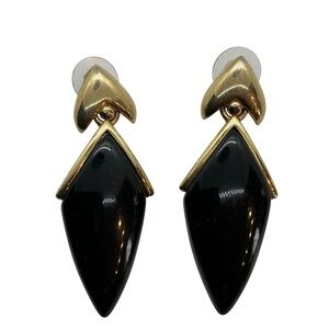 Vintage Elegant Monet Gold Tone Black Statement Drop Pierced Earrings Jewelry